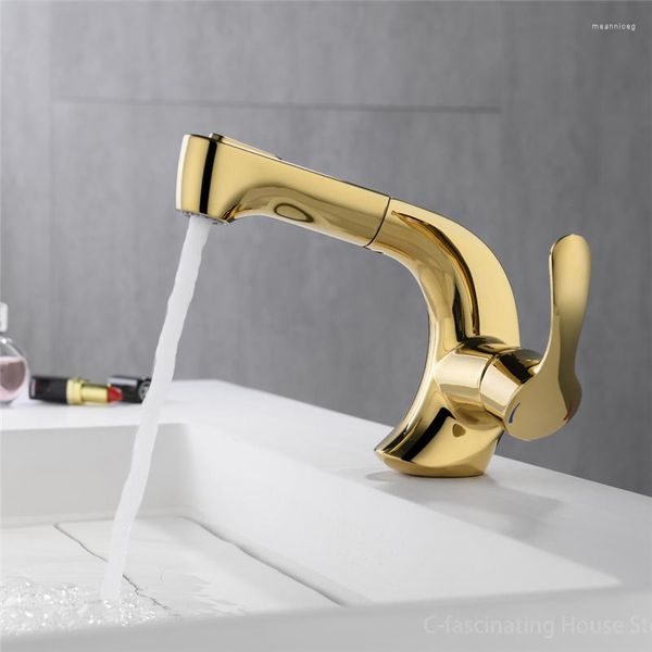 Grifos de lavabo de baño, grifo de lavabo extraíble dorado creativo, lavabo de un solo orificio, mezcla de cocina, accesorios Vintage