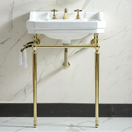 Grifos de lavabo de baño, soporte de lavabo de tipo suelo personalizado, mueble de lavabo de balcón dorado, cerámica integrada