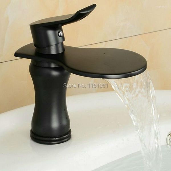 Robinets de lavabo de salle de bain montés sur le pont en bronze noir robinet de lavabo cascade robinet à bec large B106