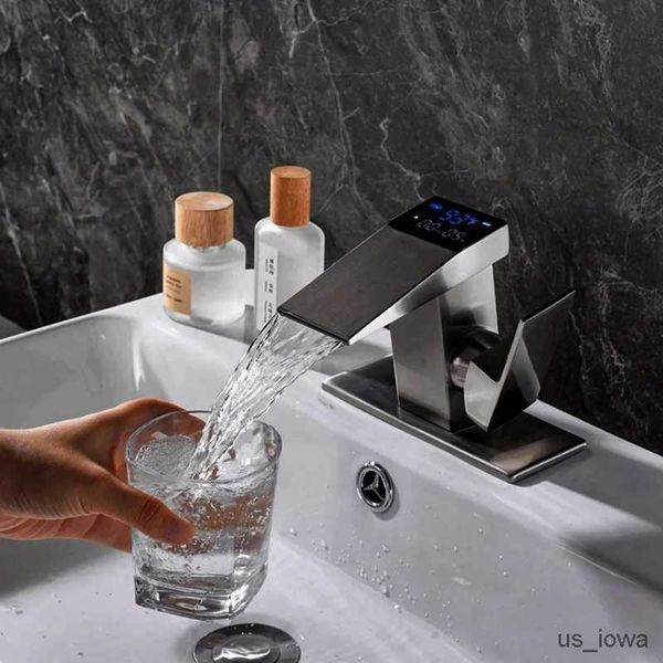 Grifos de lavabo de baño Temperatura digital LCD Grifo de lavabo Pantalla Baño Grifo de cascada Montado en cubierta Mezclador de agua caliente y fría Grifo de fregadero con Fahrenheit
