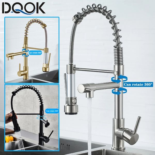 Robinets de lavabo de salle de bain DQOK Noir brossé Spring Pull Down Robinet de cuisine Mélangeur d'eau froide Robinet de grue avec double bec monté sur le pont 230504