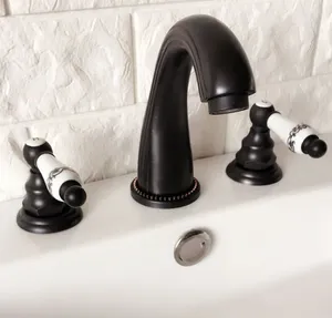 Robinets de lavabo de salle de bain doublé de levier en céramique bouton en laiton noir robinet de bassin et pont à eau froide monté 3 trous dhg060