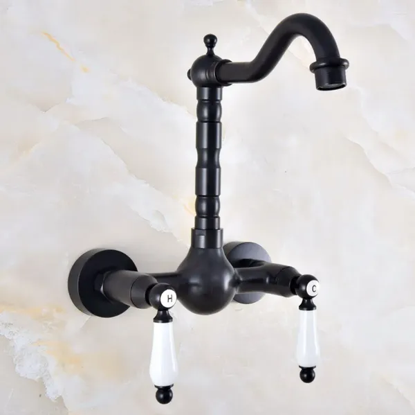 Grifos de lavabo de baño, manija doble, orificio doble, montaje en pared, grifo de lavabo, bronce frotado con aceite, vanidad, cocina, grifos de agua fría Dnf857