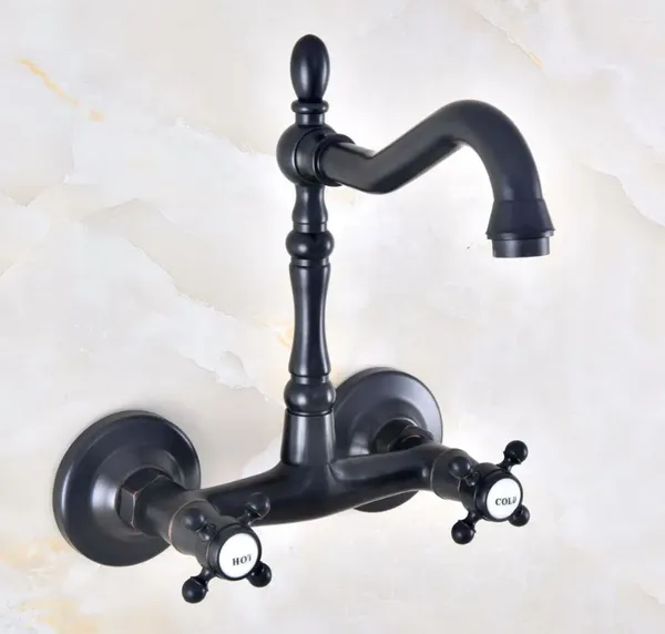 Grifos de lavabo de baño, manija doble, orificio doble, montaje en pared, grifo de lavabo, bronce frotado con aceite, tocador, cocina, grifos de agua fría Dnf457