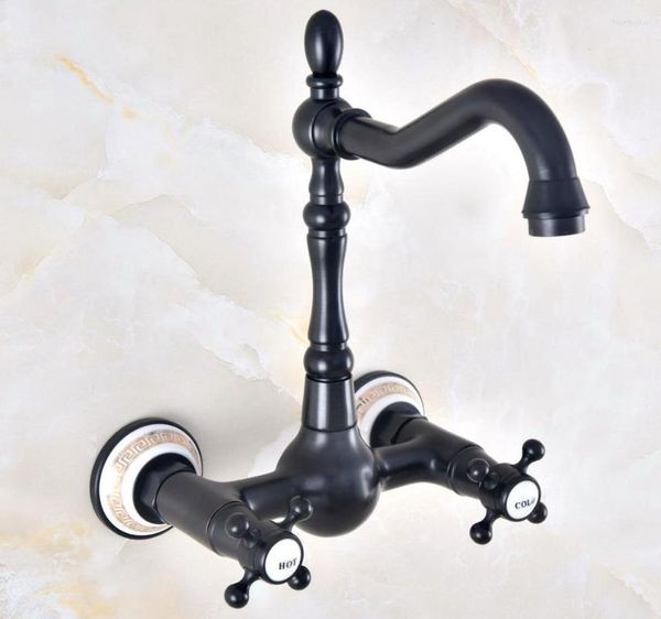 Grifos de lavabo de baño de doble manija, grifo de lavabo de montaje en pared con doble orificio, grifos de agua fría de cocina de tocador de bronce frotado con aceite Dnf466