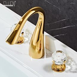 Robinets de lavabo de salle de bain Ellen Luxury Soild Brass Gold Robinet Golden Swan Double Crystal Pandon Basin de lavage à trois trous Baucheur Elf1513G