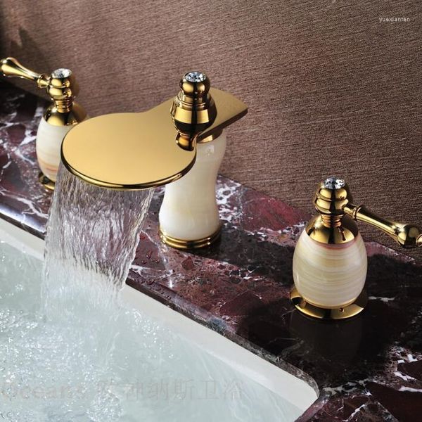 Grifos para lavabo de baño Mármol antiguo europeo Doble Cascada de tres orificios Jade natural Grifos para lavabo de cobre chapado en oro Ocho pulgadas completas