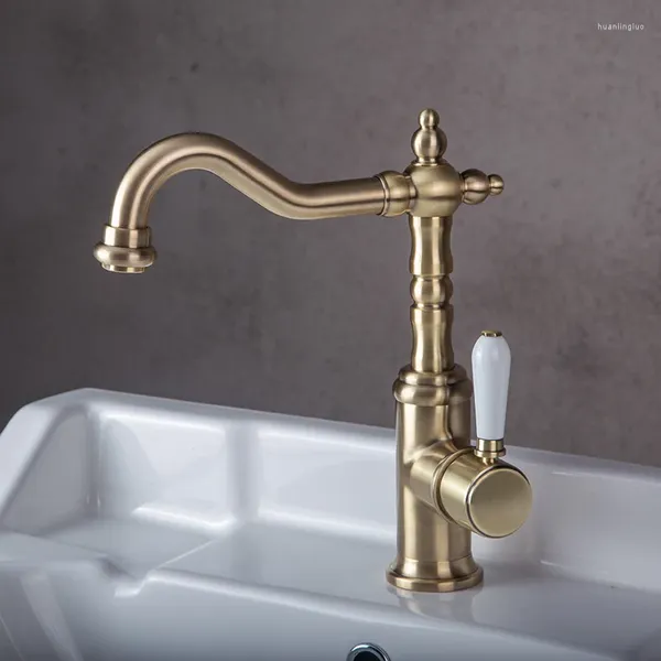 Grifos de lavabo de baño Grifo de latón de estilo europeo Grifo de lujo de oro cepillado Mezclador de lavabo frío Grifo de un orificio Manija negra cromada