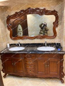 Robinets de lavabo de salle de bains, armoire de style européen, chêne rouge, bois massif antique, lavabo américain, lavabo en marbre