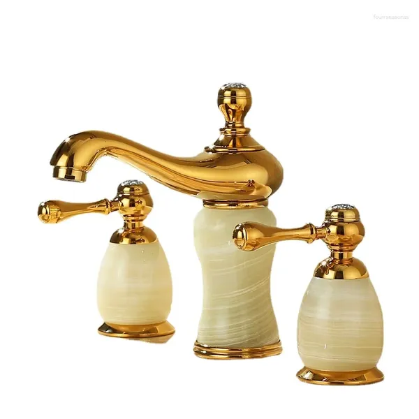 Robinets de lavabo de salle de bains en cuivre de style européen, bassin à trois trous en jade naturel et robinet froid en marbre doré rose