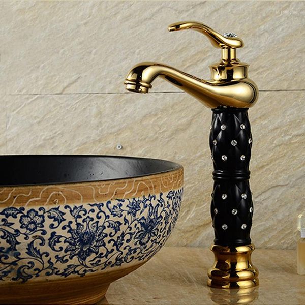 Badezimmer-Waschtischarmaturen im europäischen Stil, Gold mit Weiß und Schwarz, komplett aus Kupfer, antiker Wasserhahn, Einloch-Waschbecken, Kaltwasserhahn, Mischbatterien