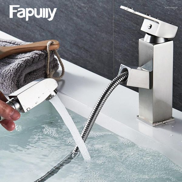 Grifos de lavabo de baño Grifo de lavabo Fapully Extraíble Grifo mezclador de bañera de níquel cepillado Grifo monomando 528-11N