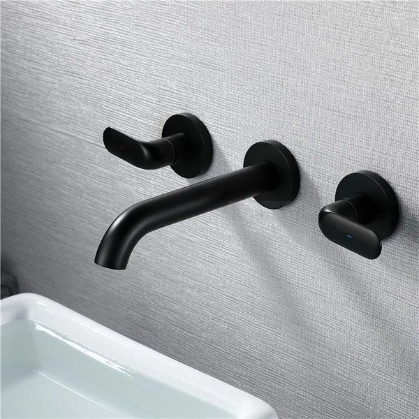 Grifos de lavabo de baño Moda Simple Negro Montado en la pared Grifo de latón Mezclador de agua fría con caja integrada