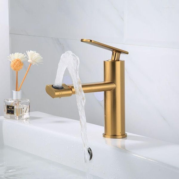 Grifos de lavabo de baño Grifo y lavabo de latón frío Rotación de rotación de oro cepillado Grifo de agua de una sola manija