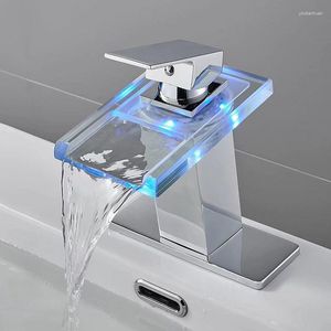 Robinets d'évier de salle de bain robinet mitigeur de bassin en verre robinet d'eau LED changement de couleur lumineuse Hydro Power cascade noire en acier inoxydable
