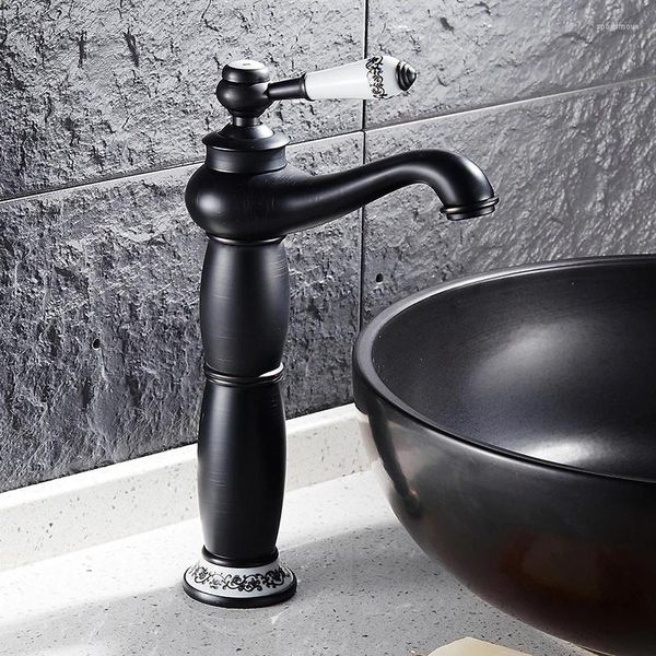 Grifos de lavabo de baño Grifo de un solo mango Mezclador de lavabo Grifo Lavatorio Cuerpo alto Aceite frotado Bronce con porcelana