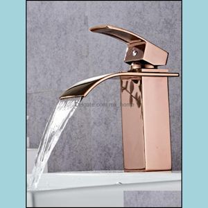 Badkamer wastafel kranen kranen, douches accs home tuin roze goud kraan messing bassin kou en waterval mixer tap enkelgreep dekbevestiging