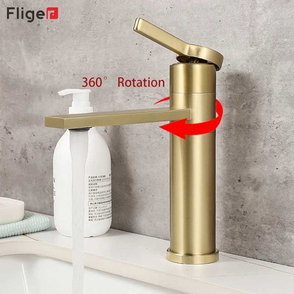 Grifos para lavabo de baño Fliger, grifo para lavabo de baño de oro cepillado, grifo alto para lavabo, grifo para baño, grifo para fregadero de encimera, grifo para grifo 360 frío y caliente