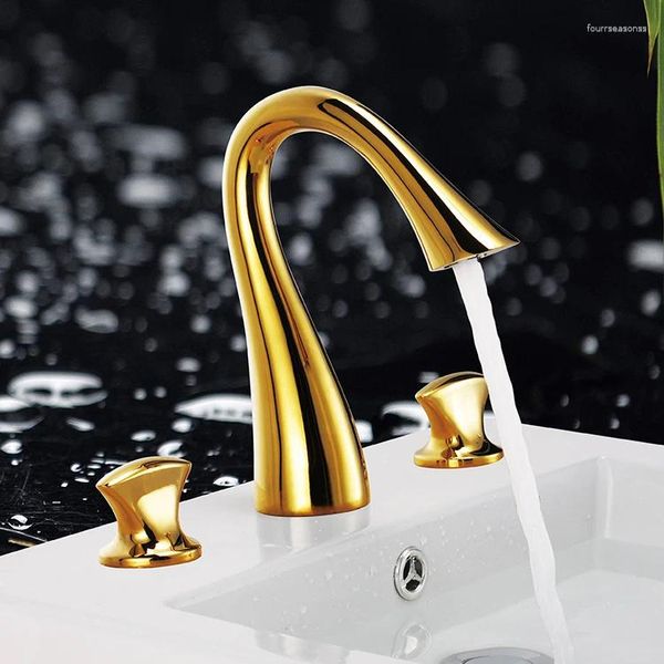 Grifos de lavabo de baño Envío gratis Grifos de latón modernos de 3 orificios Diseño elegante Grifo de recipiente generalizado TI-GOLD