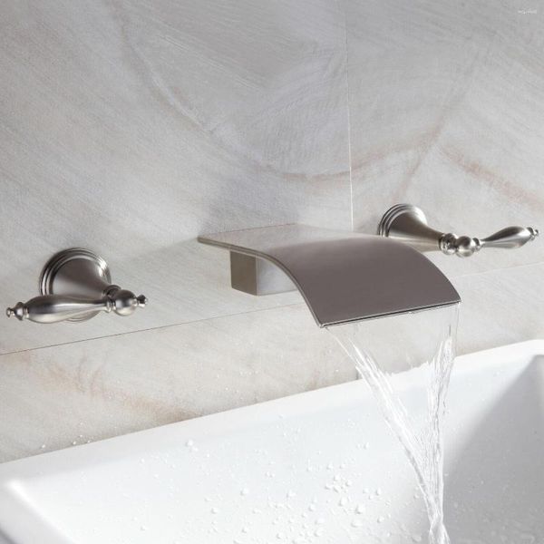 Robinets d'évier de salle de bain Free Ship Wall Mounted Waterfall Lav Lavabo Robinet Nickel Brossé Robinet