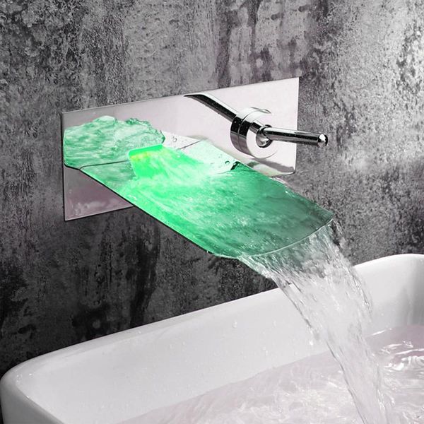 Grifos de lavabo de baño, grifo de lavabo de cascada LED de latón completo, montaje en pared, Sensor de temperatura cromado, cambio de Color