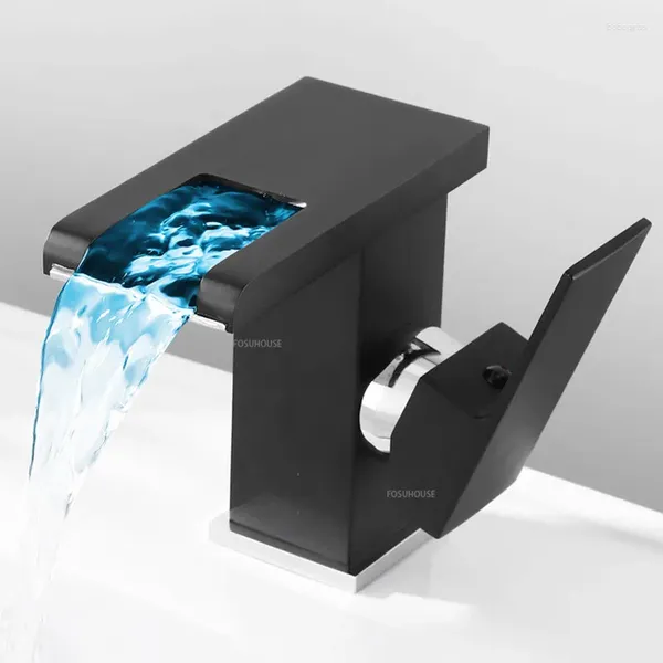 Robinets de lavabo de salle de bain meubles LED bassin noir robinet haut et court robinet à poignée simple flux d'eau produit de l'électricité