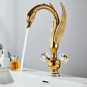 Wastafelkranen Gouden wastafelkraan Alle koperen imitatie Swan Art Design Accessoires met dubbele handgreep