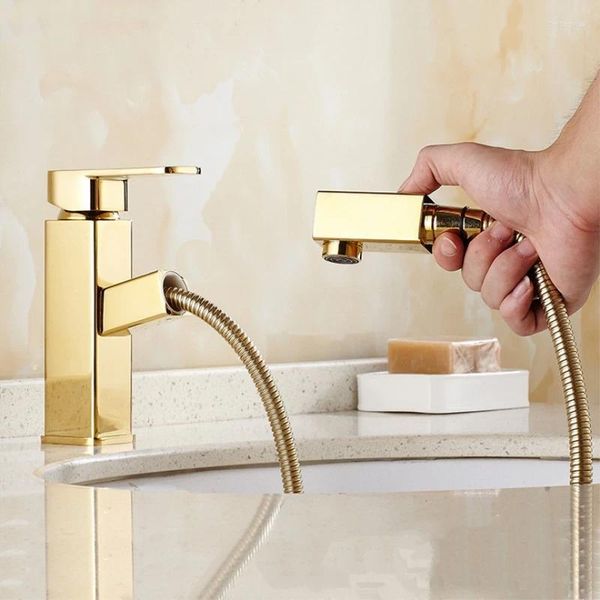 Grifos de lavabo de baño Grifo de lavabo de oro Grifo mezclador de orificio de una sola manija Montado en cubierta y latón frío