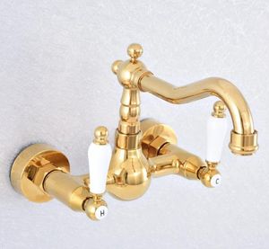 Badkamer Wastafel Kranen Goud Kleur Messing 360 Draaibare Uitloop Wastafel Kraan Dual Handle Gat Keuken Koud Water Mengkraan Dsf607