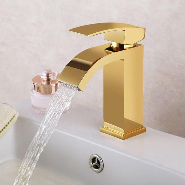 Grifos de lavabo de baño Grifo de tocador de cascada de cobre de latón macizo sin plomo dorado Grifo mezclador de lavabo dorado con caño rectangular para lavabo