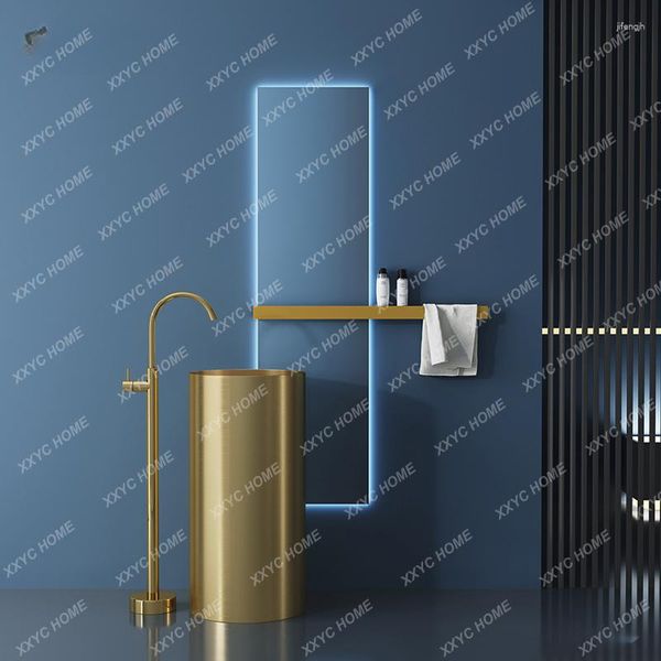 Grifos de lavabo de baño, luz dorada, borde fino de lujo, tipo columna de acero inoxidable, barra de lavabo, lavabo integrado