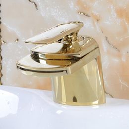Robinets d'évier de salle de bain doré noir Chrome cascade bec bassin navire robinet montage sur pont en laiton mitigeur froid pour vanité