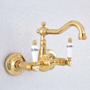 Wastafelkranen Gouden Messing Dubbele handgreep Dubbele gatkraan Wandmontage Draaibare keuken Koud en watermengkraan 2sf613