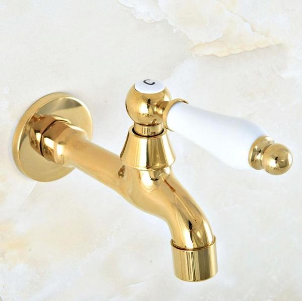 Grifos de lavabo de baño de latón dorado, grifo de cocina de lavabo de montaje en pared de un solo orificio, grifos fríos para jardín, grifos para piscina 2av149