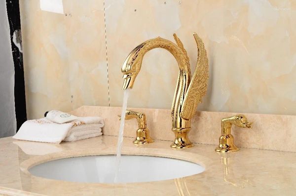 Robinets de lavabo de salle de bains Golden CLOUR 3 PIÈCES SWAN FAUCET Lav Mixer Tap