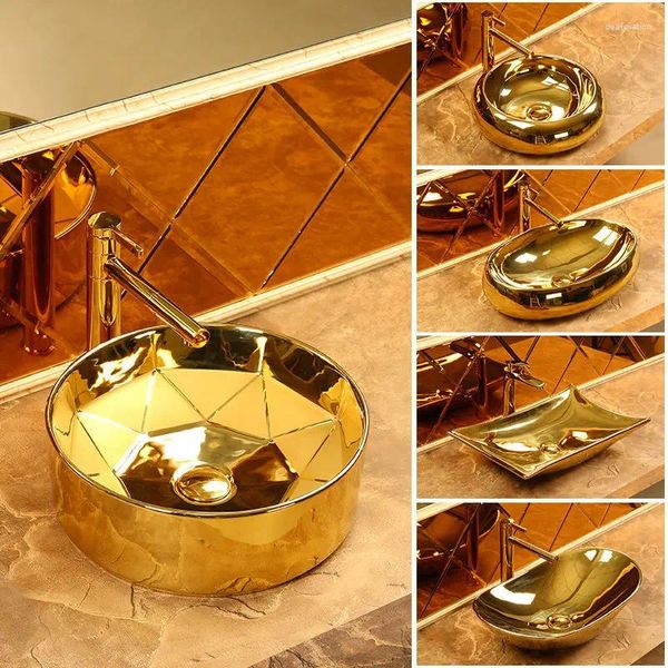 Grifos del fregadero del baño Conjunto de grifos combinados redondos de cerámica chapados en oro Lavabo Lavabo Mezclador de ajuste de diamante