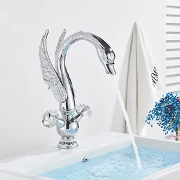 Robinets d'évier de salle de bains Robinet de lavabo Golden Swan et mitigeur d'eau froide avec double poignée en cristal cuivre noir
