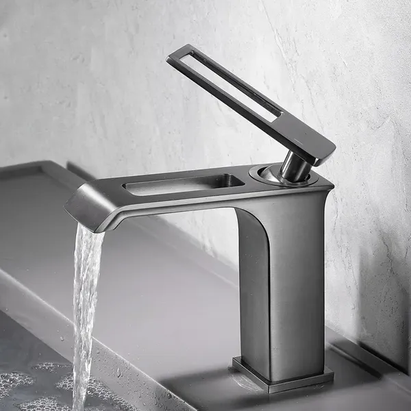 Grifos del fregadero del baño Pistola Gris Cascada Estilo Lavabo Grifo Todo Cobre Frío y debajo del