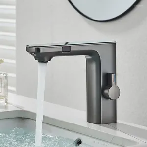 Robinets de lavabo de salle de bain pistolet gris gris sans touche smart bassin robinet écran numérique écran numérique mixage à eau froide vanité