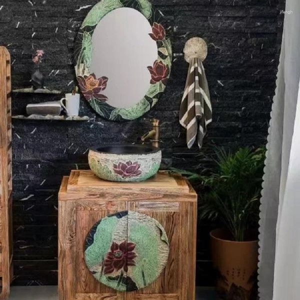 Robinets d'évier de salle de bains, lavabo à main, combinaison d'armoire en bois massif, lavabo rétro, petit appartement, casier simple