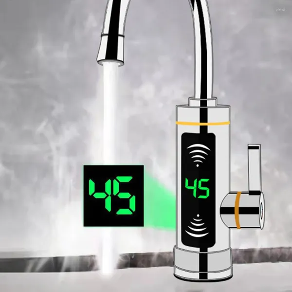 Grifos del fregadero del baño Grifo del calentador Agua Plata Acero inoxidable 220V 360 ° Rotación Grifo de calefacción eléctrica instantánea Marca