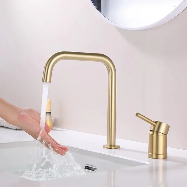 Grifos de lavabo de baño Grifo de alta calidad Una manija Dos agujeros Lavabo Agua fría Lavabo Grifo Diseño moderno Oro cepillado