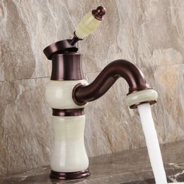 Grifos de lavabo de baño de alta calidad de lujo marrón bronce latón jade y grifo de agua fría mezclador de grifo de lavabo europeo
