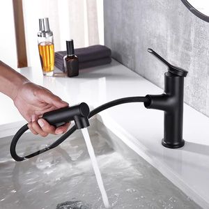 Grifos de lavabo de baño, grifo extraíble multifuncional para el hogar, todo cobre negro, un solo orificio, lavabo frío y de doble uso