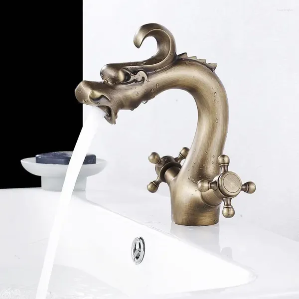 Grifos de lavabo de baño IMPEU Latón antiguo Alto Dragón Forma Encimera Recipiente Doble manijas Lavabo Mezclador Grifo