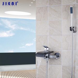 Robinets de lavabo de salle de bain Jieni Robinet de baignoire en verre noir 1 poignée 2 trous de douche murale de bain ensemble de douche à casque Boux de cascade de cascade avec main