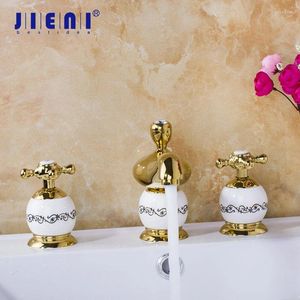 Badkamer wastafel kranen jieni luxe diamant kraan gepolijst gouden 3 pc's set badkuip European dek gemonteerd douchebekken mixer tap