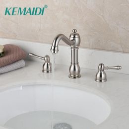 Robinets d'évier de salle de bains KEMAIDI double poignées mélangeur de baignoire robinet pivotant pulvérisation brosse en nickel lavabo en laiton massif navire 3