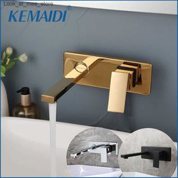 Grifos para lavabo de baño KEMAIDI, grifo para lavabo de baño chapado en oro, grifo para lavabo de latón montado en la pared, mezclador de agua fría y caliente con grúa oculta Q240301