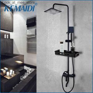 Robinets de lavabo de salle de bain KEMAIDI ensemble de robinets de douche de pluie noir mat avec robinet mitigeur de douche de baignoire unipolaire et support de rangement robinet mitigeur de douche Q240301